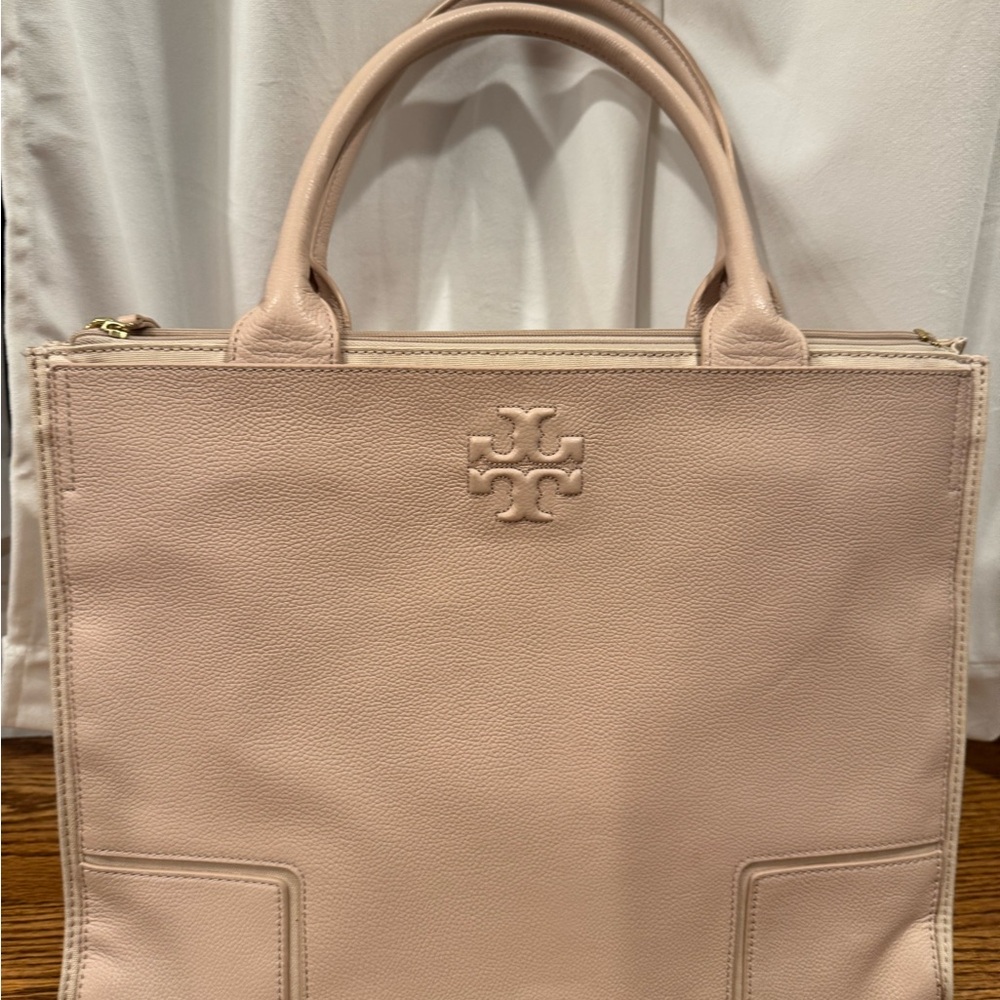Tory Burch pale Pink Pebbled Leather Tote with canvas sides